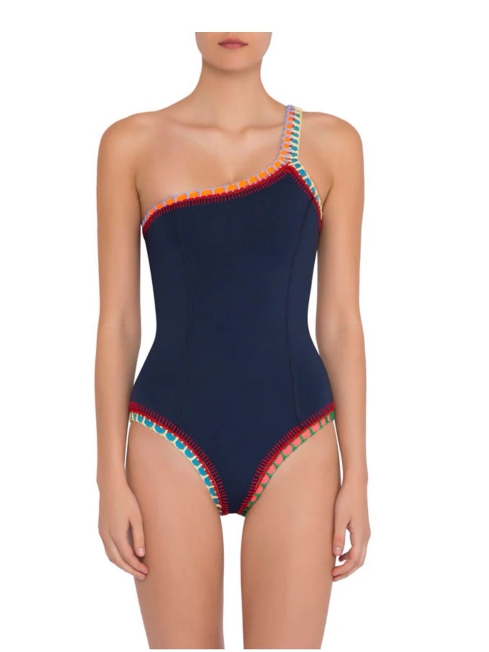 KIINI Tasmin One-Shoulder One-Piece Swimsuit Navy Crochet Trim Women’s Large